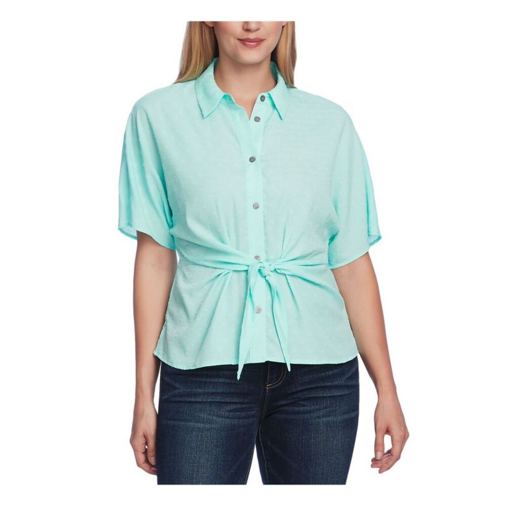 VINCE CAMUTO Womens Aqua Textured Short Sleeve Collared Button Up Top XXS